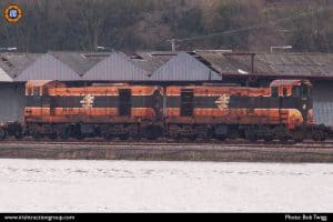 124 + 134 on an empty steel train, Sallypark Yard, Waterford. 09/02/08