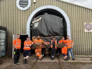 DCDR and ITG volunteers pose with A3r on her safe arrival at Downpatrick on 27th July 2025.